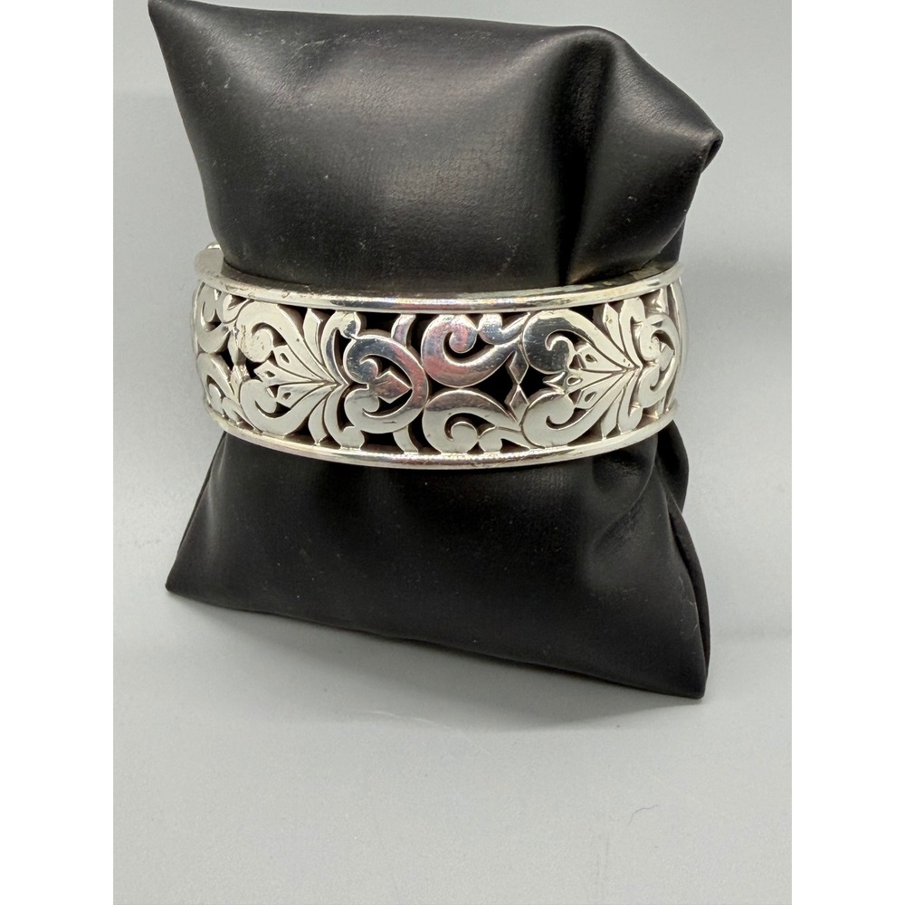 Brighton Hinged Cuff Clamper Bracelet Floral Scroll Heart Filigree Silver Tone